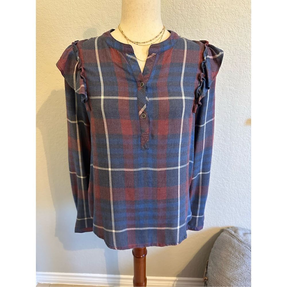 NWOT Cloth & Stone Anthropologie Plaid Ruffle Long Sleeve Top Size S